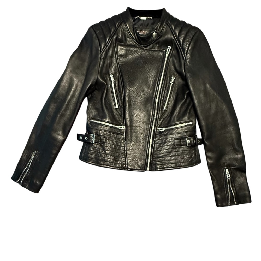 Victoria's Secret Black/Silver Leather Biker Moto Jacket Size Small